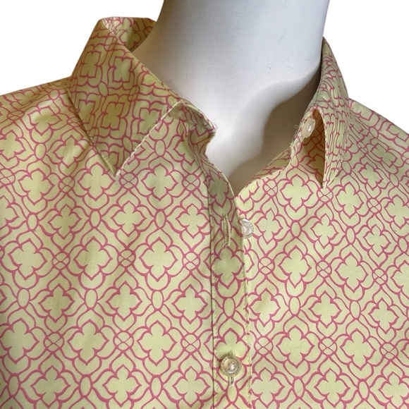 Lands' End Tops - NWT Lands End Womens No Iron Supima Button Up Shirt Sz 8 Yellow Pink Geometric